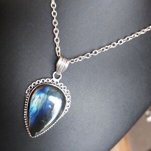 Unisex Labradorite Nothern Lights Silver Plated Pendant Necklace 21" long